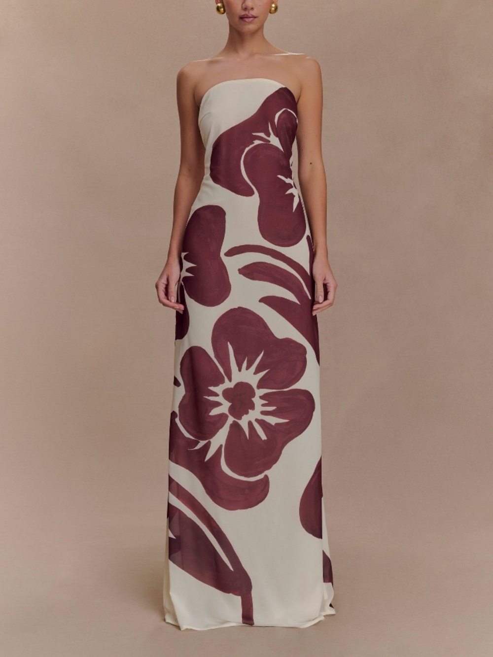 Meshki Amaya Strapless Chiffon Maxi Dress - Brown Deco Fleur Print